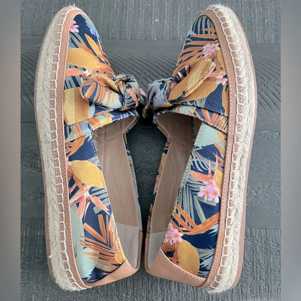 Floral Espadrille Loafers Womens 8 Bow Slip On Tropical Vacation Shoes